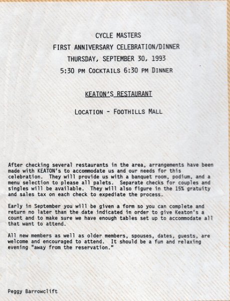 Social - Sep 1993 - First Anniversary Dinner - Info Letter